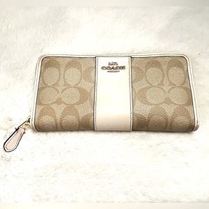 Coach Zip Around Wallet in Leather & Signature Coated Canvas